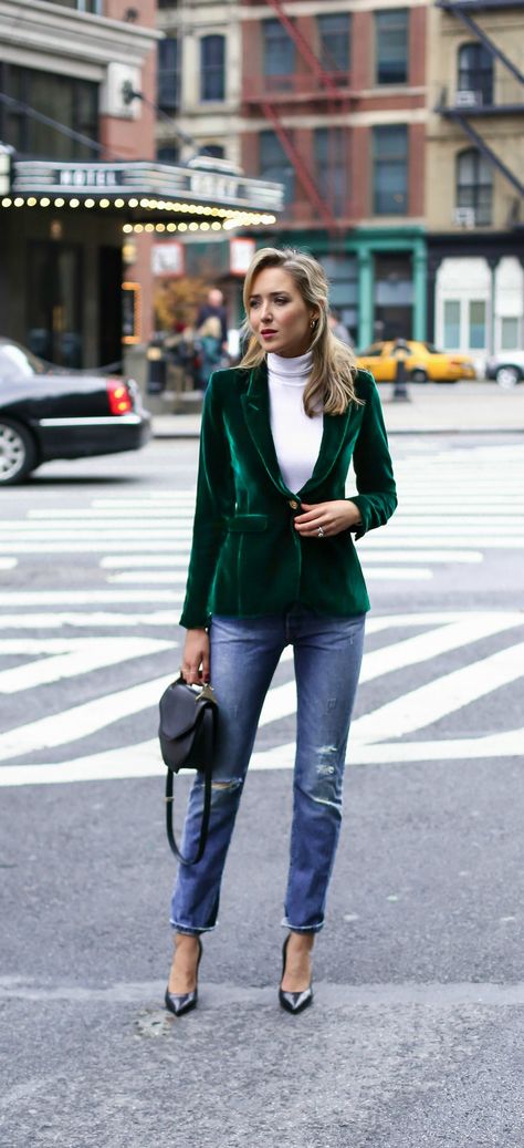 green velvet blazer, classic white turtleneck, distressed boyfriend jeans, timeless pointy toe heels, black and gold braid belt, rhinestone satin ribbon hair bow barrette Velvet Jacket Outfit, Green Velvet Coat, Velvet Blazer Outfit, Dinner Jackets, Green Velvet Blazer, Blazer Outfits For Women, Blazer Outfit, Slim Fit Jackets, White Turtleneck