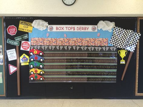 Box tops race track bulletin board Track Bulletin Board, Goal Bulletin Board, Scoreboard Ideas, Race Car Themed Party, Goals Bulletin Board, Pta Bulletin Boards, Car Themed Party, Data Boards, College Theme