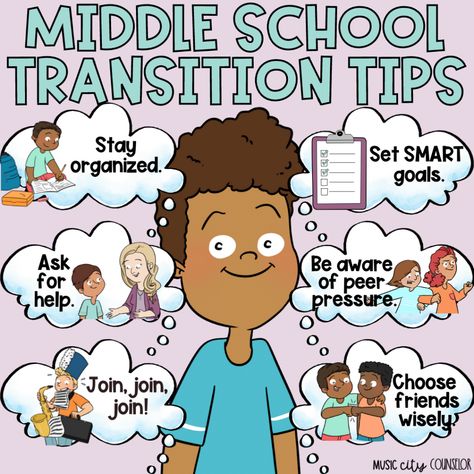 Transition to Middle School: Resources & Tips for Success - Music City Counselor Middle School Social Work Office, Middle School Transition Activities, Middle School Guidance Lessons, Life Skills For Middle Schoolers, Middle School Counselor Lessons, Middle School Counseling Lessons, Social Skills Middle School, Middle School Transition, Transition To Middle School