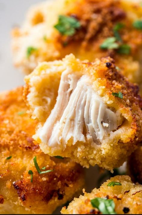 2 boneless chicken breasts cut into 1 inch cubes, 1/2 cup plain bread crumbs, 1/4 cup parmesan cheese, 1 T dried basil,  1/2 T dried oregano, shake of salt, shake of pepper, 1/4 cup melted butter.  Optional 1 T of poultry seasoning.  Preheat oven to 400 degrees, dip pieces of chicken into butter then into crumb seasoning mix and place on cookie sheets, then bake for approximately 20 minutes, might want to cut a nugget in half to check for doneness. Homemade Baked Chicken Nuggets, Homemade Chicken Nuggets Baked, Healthy Chicken Nuggets, Chicken Nuggets Recipe, Baked Chicken Nuggets, Homemade Chicken Nuggets, Healthy Baked Chicken, Chicken Nugget Recipes, Nuggets Recipe