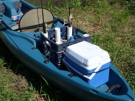 We share some tips for DIY fishing kayak setups. Use a milk crate for rod holders and tackle Kayak Fishing Setup, Kayak Fishing Diy, Kayak Fishing Tips, Kayak Fishing Accessories, Kayaking Tips, Fishing Rod Storage, Fishing 101, Kayak Fishing Gear, Kayak Storage