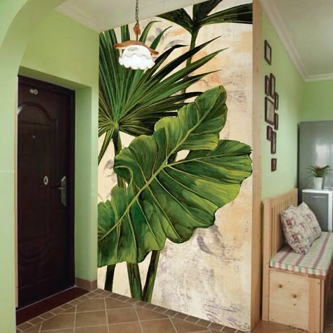 Embrace light colors, natural materials, and a lot of light. Incorporate functional furniture with clean lines and minimal decoration to achieve a cozy, minimalist look. Mural Hand Painted, Painting Tropical, Wall Painting Decor, Wall Murals Painted, Wall Paint Designs, Banana Leaves, Low Carbon, Tropical Art, Mural Wall Art