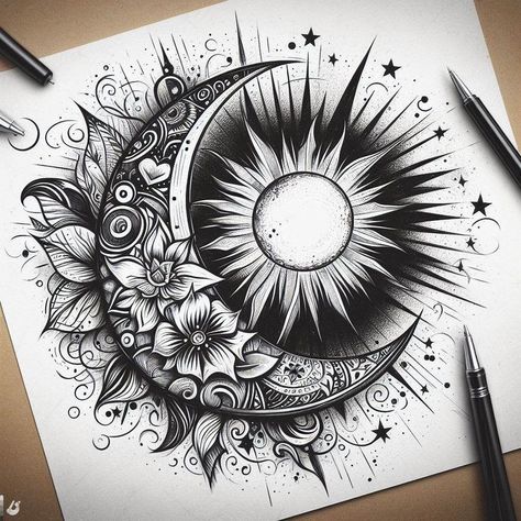 Sun And Moon Stars Tattoo, Sun Moon And Stars Tattoo Sleeve, Tattoo Ideas Moon And Stars, Sun And Moon Chest Tattoo, Side Piece Tattoos For Women, Moon And Sun Tattoos, Sun Moon Tattoo Design, Sun And Moon Sketch, Moon And Stars Tattoo Designs