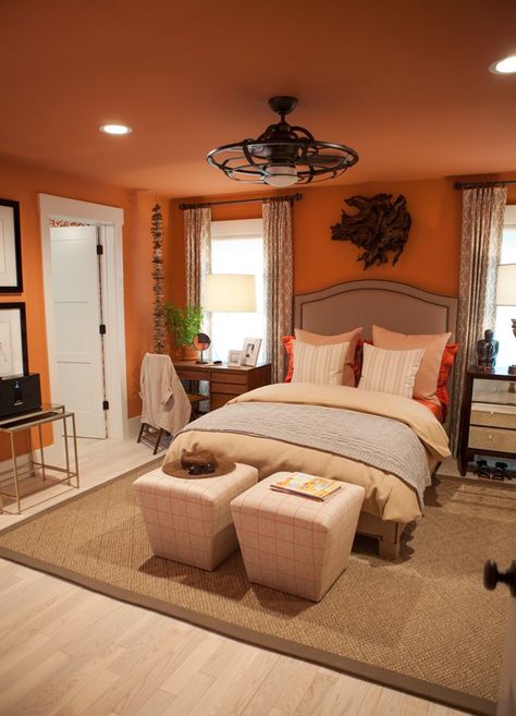 Love the fan light fixture. Tour of the HGTV Dream Home 2016 - In My Own Style Orange Bedroom Walls, Burnt Orange Bedroom, Orange Bedroom Decor, Orange Rooms, Living Room Orange, Hgtv Dream Home, Bedroom Orange, Brown Bedroom, Orange Walls