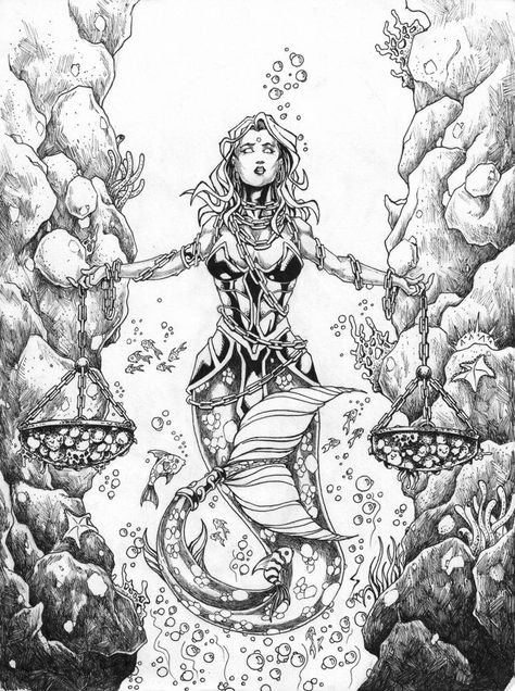 ZODIAC MERMAIDS - LIBRA by emiliochiunti on DeviantArt Libra Mermaid Tattoo, Libra Sketch Drawings, Zodiac Mermaids, Libra Mermaid, Libra Love Match, Libra Goddess Tattoo, Goddess Tattoo, Libra Love, Mermaid Tattoo