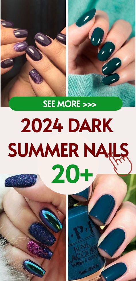 As we embrace the warm embrace of summer, it’s time to think about how our style will evolve with the season. While bright colors are often the go-to, there’s Summer Nails Dark Colors, Dark Nails For Summer, Darker Nail Designs, Dark Summer Nails Colors, Short Spring Nails 2024, Summer Black Nails, Dark Summer Nails, Accent Nail Ideas, Dark Spring Nails