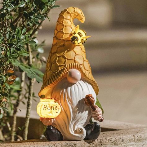 Garden Gnome Statue - Resin Gnome Figurine Holding Honey Jar with Solar LED Lights, Outdoor Spring Decoration for Patio Yard Lawn Gnome, Bee Gnome, Garden Gnomes Statue, Theme Harry Potter, Gnome Statues, Bee Garden, Solar Led Lights, Garden Gnome, Gnomes Crafts