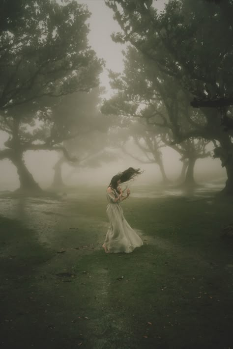 Woman in flowy dress dancing in the rain in a foggy forest Stringy Hair, Dark Fairytale Aesthetic, Dead Bride, Photo Course, Dark Fairytale, Dreamy Photography, Photoshoot Themes, Rare Breed, Fantasy Aesthetic