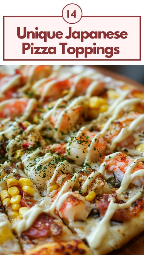 A close-up of a freshly baked pizza topped with unique Japanese ingredients like seafood, corn, and mayonnaise, highlighting the creative fusion of flavors. Unusual Pizza Recipes, Japanese Traditional Food Dishes, Unique Pizza Ideas, Veggie Combinations, Unique Pizza Toppings, Korean Pizza, Asian Pizza, Japanese Pizza, Pizza Toppings Combinations