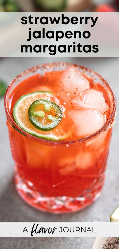 Jalapeno Margarita Recipe, Strawberry Jalapeno Margarita, Summer Party Drink, Strawberry Margarita Recipe, Simple Sugar Syrup, Recipes Spicy, Valentines Recipes Desserts, Jalapeno Margarita, Tequila Cocktail