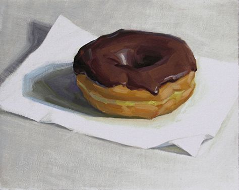 Chocolate Donut by Dan Oakleaf Donuts Painting, Chocolate Painting, Donut Painting, Dessert Painting, Chocolate Paint, Oil Painting Basics, Food Art Painting, Chocolate Donut, Foodie Art