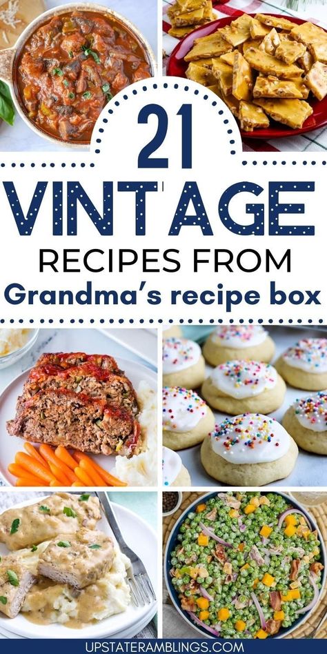 21 vintage recipes  for vintage recipes from grandma Pinterest pin. Recipes From 1960's, Old Fashioned Home Cooked Meals, Old Fashioned Supper Recipes, Old Style Recipes, Grandma’s Tasty Recipes, Grandmas Easy Recipes, 1940s Food Recipes, Easy Comfort Recipes, Grandma’s Cooking Recipes