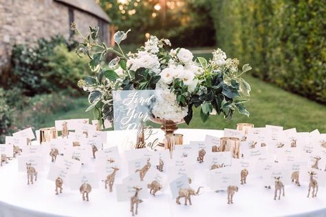 Natural Glam Celebrity Wedding in Santa Barbara Animal Seating Chart Wedding, Party Animal Seating Chart, Party Animal Wedding Seating, Find Your Party Animal Place Card, Animal Seating Chart, Party Animal Wedding, Natural Glam Wedding, Dean Geyer, Jillian Murray