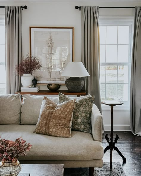 A M A N D A C O A K L E Y on Instagram: “Morning light coming in and green grass and a budding willow tree within view of the living room. #livingroom #livingroomdecor…” Sage White Living Room, Sage Chairs Living Room, Mossy Green Living Room, Sage Living Rooms, Earthy Traditional Living Room, Green Accent Color Living Room, Greige And Green Living Room, Organic Traditional Living Room, Traditional Vintage Living Room