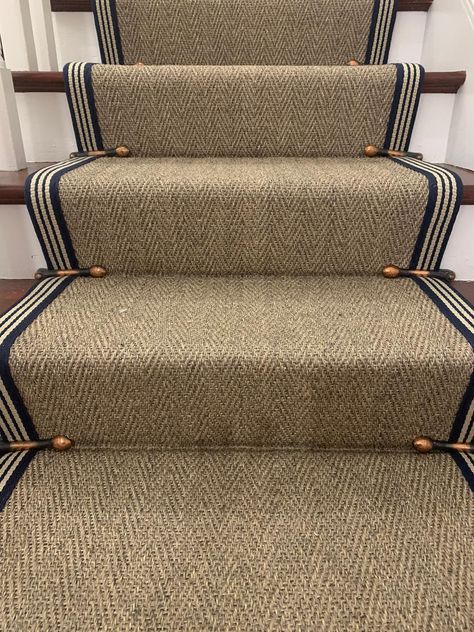 Ralph Lauren Stair Runner, Traditional Staircase With Runner, Blue Carpet Stair Runner, Stairs With Rug Runner, Stair Rods Ideas, Herringbone Sisal Stair Runner, Sisal Runner On Stairs, Stair Runners Ideas With Landing, Stair Runners Ideas