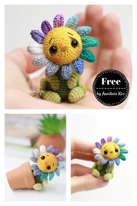 Tiny Flower Amigurumi Free Crochet Pattern Miniature Crochet Patterns Free, Mini Crochet Animals, Flower Amigurumi, Tiny Amigurumi, Crochet Plants, Crochet Project Free, Miniature Crochet, Easy Crochet Animals, Earrings Pattern