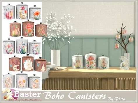 The Sims Resource - Philo_Boho Easter Canisters Sims 4 Surfaces Cc, Sims 4 Boho House Cc, Sims 4 Cc Easter Decor, Sims 4 Cc Boho Decor, Sims 4 Cc Flowers Decor, Sims 4 Cc Vase Decor, Sims 1, Animal Skin, Sims Resource