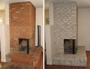 We are thinking of painting the yellow brick in our livingroom grey similar to the "after" picture here. More subtle though. Fireplace Maintenance, Painted Fireplaces, Kitchen Hearth, Whitewash Brick, Brick Painting, Fireplace Decorating, Painting Brick, Painted Fireplace, Red Brick Fireplaces