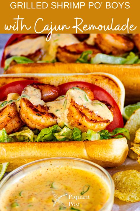 Grilled Shrimp Poboy Sandwich, Blackened Shrimp Poboy Sandwich, Poboy Sandwich Recipe, Shrimp Po Boy Recipe, Shrimp Ideas, Lenten Meals, Cajun Remoulade, Po Boy Sandwich, New Orleans Street