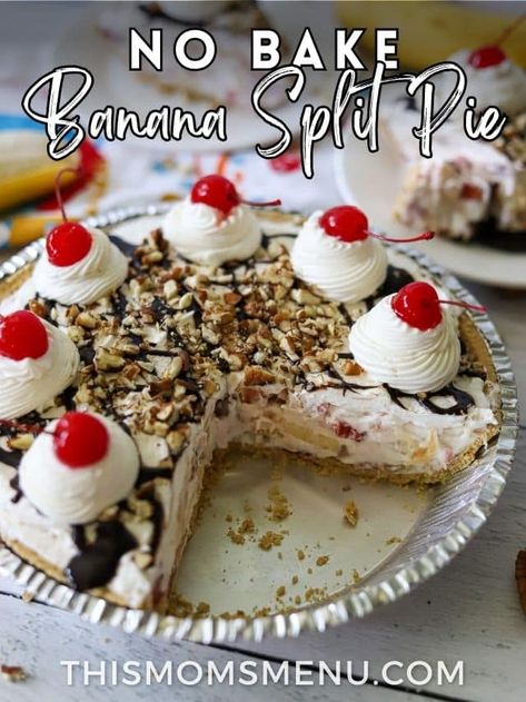 Banana Split Ice Cream Pie, No Bake Banana Split Pie, Banana Split Pie Recipe, Bananas Dessert, Easy No Bake Banana Split Dessert, Banana Split Pie No Bake, Banana Split Dessert Recipes, Banana Split Pie, Banana Split Ice Cream