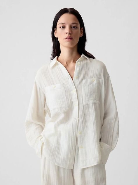 Best Spring Clothes From Gap | POPSUGAR Fashion Greece Vacation Outfit, Cotton Gauze Shirt, Venus Jupiter, White Cut Out Dress, White Flowy Dress, Gauze Shirt, Weather Clothes, Crinkle Cotton, Simple Summer Outfits