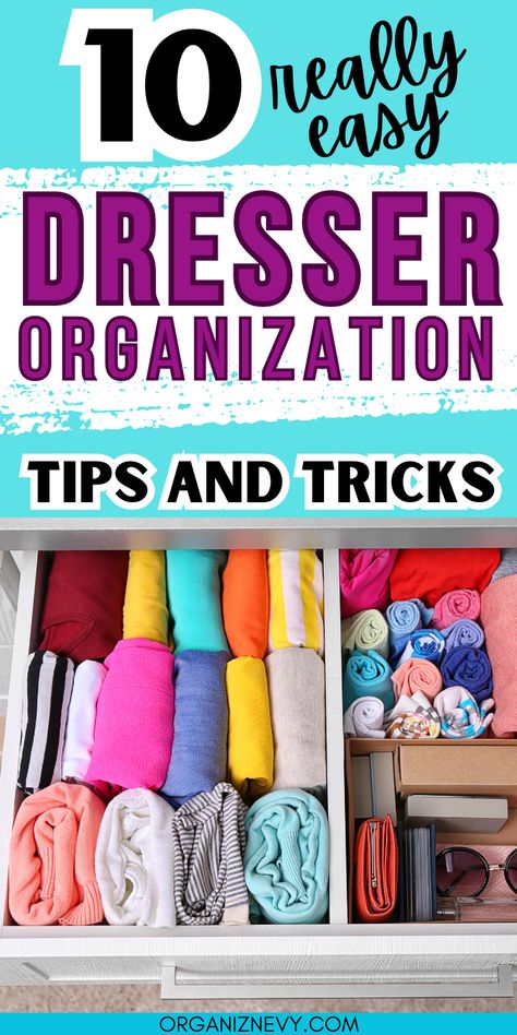 10 easy dresser organization tips and tricks Organize Clothes By Color, Organized Drawers Clothes, Dresser Top Organization Ideas, Dresser Top Organization, Draw Organizer, Diy Drawer Organizer, Easy House Cleaning, Clothes Drawer Organization, Messy Bedroom