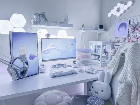 Room Decor Bedroom Blue, White And Blue Room, White Setup, Aesthetic Cybercore, Gaming Bedroom Ideas, Desk Idea, Games Room Inspiration, Gaming Bedroom, Desk Organisation