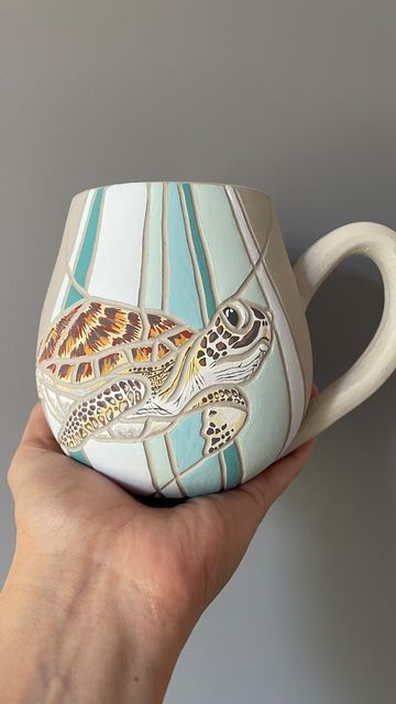 ceramics | creativeartworksblog Turtle Pottery Ideas, Sea Turtle Ceramics, Ceramic Sea Turtle, Ocean Themed Pottery, Turtle Pottery Painting, Cool Mugs Ceramics, Ceramic Art Projects, Sea Turtle Clay, Ocean Ceramics