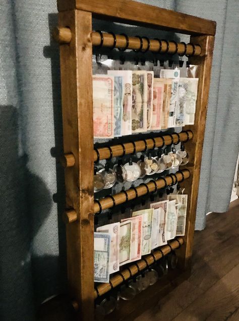 How To Display Money Collection, Money Collection Display, Foreign Currency Display Ideas, Travel Memories Display, Wood Crate Diy, Keepsake Display, Memory Art, Coin Crafts, Travel Room