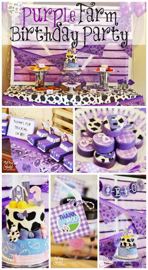 Here's a "girly" take on a traditional farm birthday party! Loving all the purple details! See more party ideas at CatchMyParty.com. #farm #girlbirthday #purple Purple Cow Birthday Party, Purple Cowgirl Party, Baby Girl Birthday Theme Ideas, Three I E I O, Purple Cowgirl, Barnyard Bash, Purple Backdrop, Barnyard Party