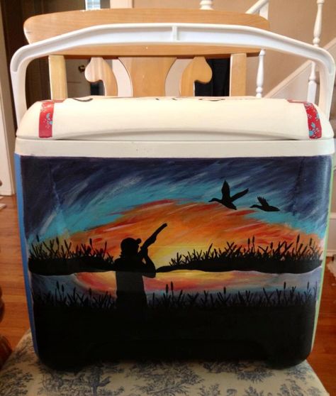 hunting cooler Hand Painted Coolers, Sorority Coolers, Painted Coolers, Formal Cooler Ideas, Fraternity Coolers, Custom Cooler, Frat Coolers, Cooler Painting, Cooler Designs