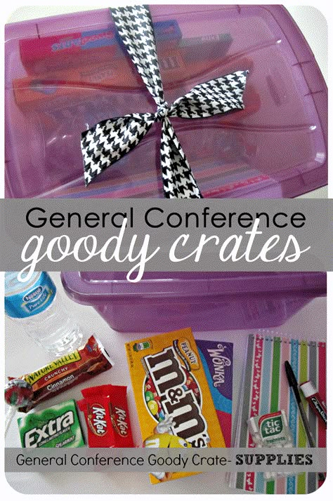 The LDS General Conference is in less than 2 weeks and this General Conference Goody Crate is the perfect companion for conference weekend- a cute notebook to take notes in and some treats to enjoy! I've been creating these for those I visit teach for the past several years. This year I'm giving it as a handout for the young women in our branch. 1 basket, box or gift bag, water bottle, notebook, pen, gum, granola bars, candy, chapstick... and any other small items that would be fun to... General Conference Gift Ideas, General Conference Survival Kit, General Conference Food Ideas, Lds General Conference Activities, General Conference Activities, Visiting Teaching Handouts, Conference Ideas, Sunday Activities, Lds Conference