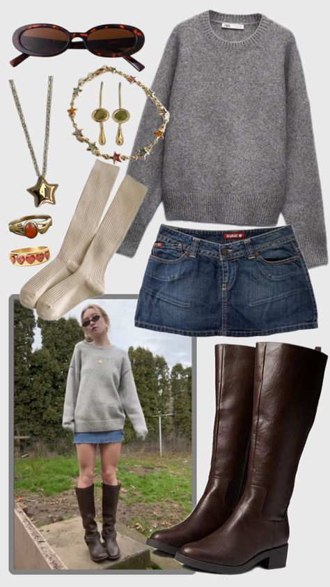 fall outfit with tall brown boots, gold jewelry, grey sweater, gold jewelry, & denim skirt Outfits With Denim Skirt, Fall Boots Outfit, Skirt Outfits Fall, Tall Brown Boots, Downtown Outfits, Mein Style, Autumn Outfit, Outfit Inspo Fall, Mode Vintage