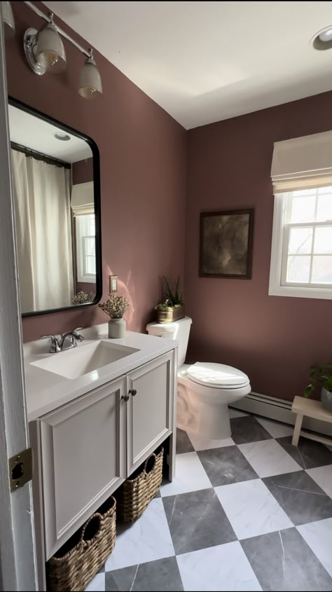 Kid’s Bathroom Refresh | liannecarey.com Grey And Red Bathroom Ideas, Gray And Burgundy Bathroom Ideas, Bathroom Colored Walls, Red And Cream Bathroom, Half Bath Dark Walls, Rose Color Bathroom, Maroon Bathroom Vanity, Cinnamon Slate Bathroom, Maroon Bathroom Decor