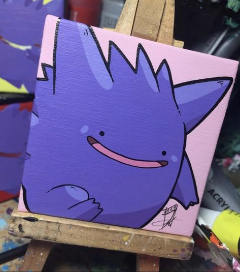 Pokemon Art Canvas, Cute Gengar Art, Simple Pop Art Painting, Pokemon Easy Painting, Gengar Painting Canvas, Adventure Time Painting Ideas, Nerdy Painting Ideas, Gengar Painting, Fnaf Painting