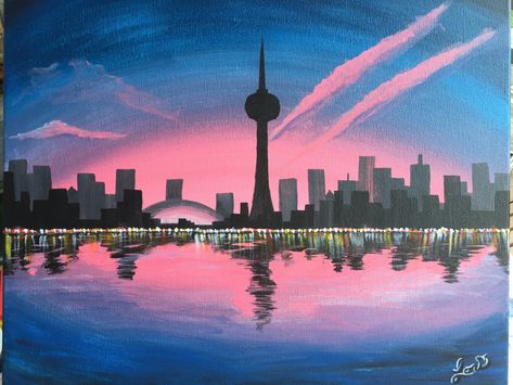 Toronto Skyline Painting, Toronto Painting, Canada Painting, Carley Fortune, Optical Illusion Drawing, Toronto Skyline, Day Painting, Skyline Painting, Toronto City