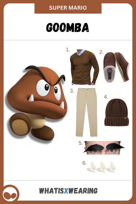 Dress like a Goomba from Super Mario Bros. with our hilarious and easy step-by-step costume guide. Mario Outfit, Fake Vampire Teeth, Mario Kart Costumes, Super Mario Costumes, Mario Costume, Costume Guide, Easy Costume, Brown Slippers, Easy Diy Costumes