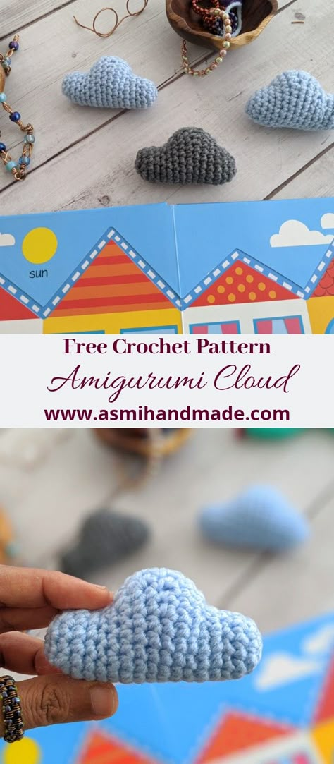 Crochet Mobile Charm, Small Cloud Crochet Pattern, Cloud Pattern Crochet, Free Crochet Mobile Patterns, Cloud Amigurumi Free Pattern, Crochet Crib Mobile Free Pattern, Crochet Clouds Pattern Free, Crochet Cloud Keychain, Crochet Crib Mobile