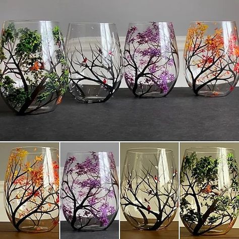 Four Seasons Tree, Boom Kunst, Painted Wine Glasses, Palau, Wine Enthusiast, Hand Painting Art, Zimbabwe, Beautiful Tree, Tree Art