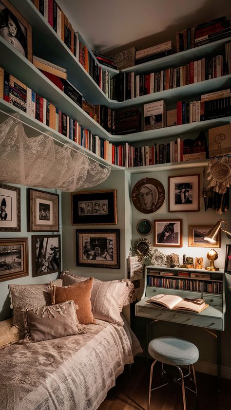 Cozy Academic Retreat: Designing Your Dark Academia Bedroom Bedroom Aesthetic Cozy Vintage, Very Small Guest Room, Dark Cozy Cottage Bedroom, Eclectic Chic Bedroom, Boho Academia Bedroom, Art Filled Bedroom, Dark Cozy Bedroom Paint Colors, Romantic Academia Bedroom Aesthetic, Jazz Inspired Bedroom