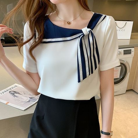 Korean Blouse, Nice Women, Women Blouses Fashion, Sailor Collar, Fashion Korean, Collar Blouse, Work Blouse, Casual Blouse, Women Tops