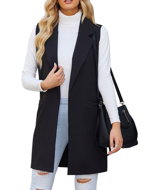 Womens Sleeveless Vest Long Blazer Vest Casual Open Front Trench Coat Jacket with Pockets Long Blazer Vest, Sleeveless Blazer Vest, Trench Vest, Outfit Office, Teal Blazer, Classy Skirts, Sleeveless Trench, Blazer For Women, Black White Blazer