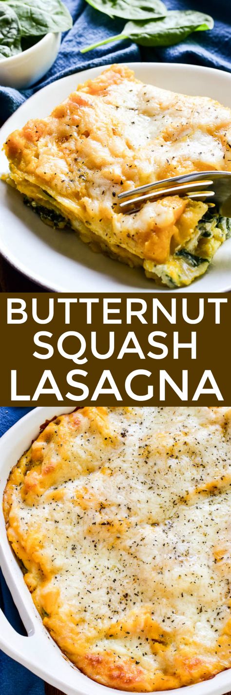 This Butternut Squash Lasagna is the ultimate fall comfort food.  It combines layers of creamy ricotta, butternut squash, fresh spinach, and gooey mozzarella in a cheesy lasagna that everyone is sure to love.  This dish is easy to make ahead and perfect for busy weeknights or weekend family meals. And it would make a delicious addition to any holiday menu! Cheesy Lasagna, Lemon Tree Dwelling, Paleo Ideas, Squash Lasagna, Butternut Squash Lasagna, Vegetable Lasagna, Fall Comfort Food, Fresh Spinach, Healthy Bites