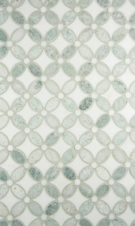 Fleur Mosaic - Thassos and Ming Green from Urban Archaeology Green And White Backsplash, Green White Tile, Sage Green Bathroom Tile Floor, Light Green Tile, Tile With Green Accent, Green Floor Tile, Mosaic Tile, Green Pattern Tile, Green Mosaic Floor Tile