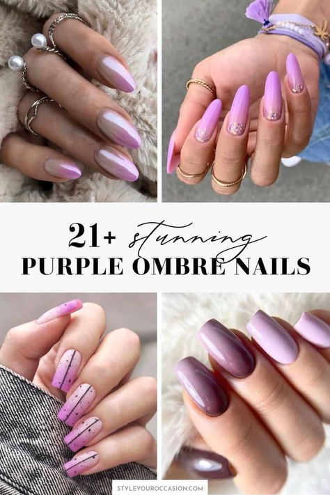 Looking for trendy purple nails inspiration? These gorgeous purple ombre nails come come in all styles including acrylic, short, long, square, almond, coffin, and more! There’s also all kinds of purple nail designs including French tip, glitter, matte, with rhinestones, and nail art. You’ll love this list of ombre nails for 2023! Nails 2023 Trends Purple, Purple Ombre Nails Almond, Ombre Nails Purple Lavender, Dark Purple Nails Ombre, Black And Purple Ombre Nails, Ombre Purple Nails, Purple Ombre Nail Designs, Pink And Purple Ombre Nails, Purple Aumbre Nails