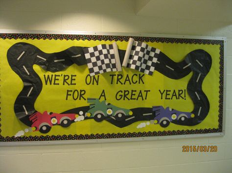 Back to School Bulletin Board- Sherrine Albornoz Preschool Cars Bulletin Board Ideas, Disney Cars Bulletin Board Ideas, Car Theme Bulletin Board, Transportation Bulletin Board, Race Track Bulletin Board, Race Car Bulletin Board Ideas, Racing Theme Classroom, Road Bulletin Board, Racetrack Bulletin Board