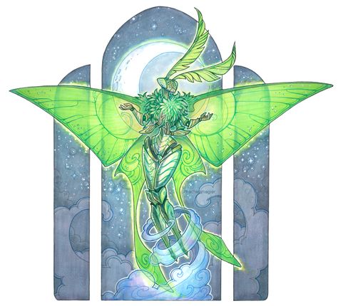 Lunar Moth Humanoid, Spelljammer Art, Moth Character, Lunar Moth Character Design, Moth Monster Art, Moth Based Character, Lunar Moth Tattoo, Moth Fantasy Creature, Moth Fairy Character Design