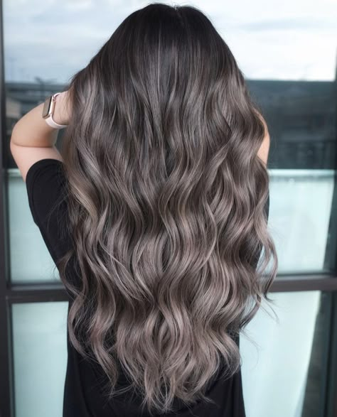 Dark Ash Mushroom Brunette, Ash Brown Brunette Hair, Dark Hair Mushroom Highlights, Long Hair Ash Brown, Mushroom Hair Color Balayage, Hair Color Ideas For Brunettes Ash, Dark Ash Balayage Hair, Ash Colored Hair Brown, Dark Brown To Ash Brown Balayage