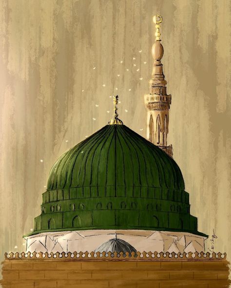 Medina Mosque Drawing, Madinah Painting, Masjid Nabawi Painting, Madina Painting, Kabah Painting, Social Media Images Design, Green Dome, Medina Mosque, Mosque Art