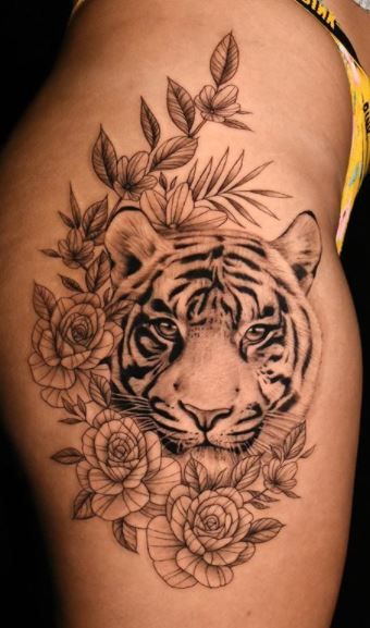 Hip Tiger Tattoos Women, Tiger Women Tattoo, Female Tiger Tattoo For Women, Tiger Woman Tattoo Design, Tiger Tattoo Forearm Women, Mama Tiger Tattoo, Thigh Tiger Tattoo Women, Tiger Tattoo On Hip, Tiger Tattoo For Women Hip